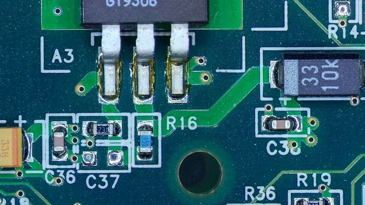 Area of a printed circuit board (PCB) which was imaged with extended depth of field (EDOF) using digital microscopy. Area of a printed circuit board (PCB) which was imaged with extended depth of field (EDOF) using digital microscopy.